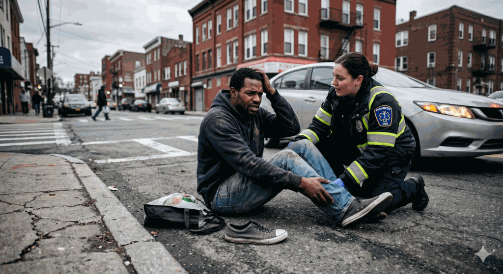 An injured male pedestrian is assisted by a female paramedic while sitting on the asphalt in a crosswalk on a busy urban street in Paterson, New Jersey, after being struck by a sedan.