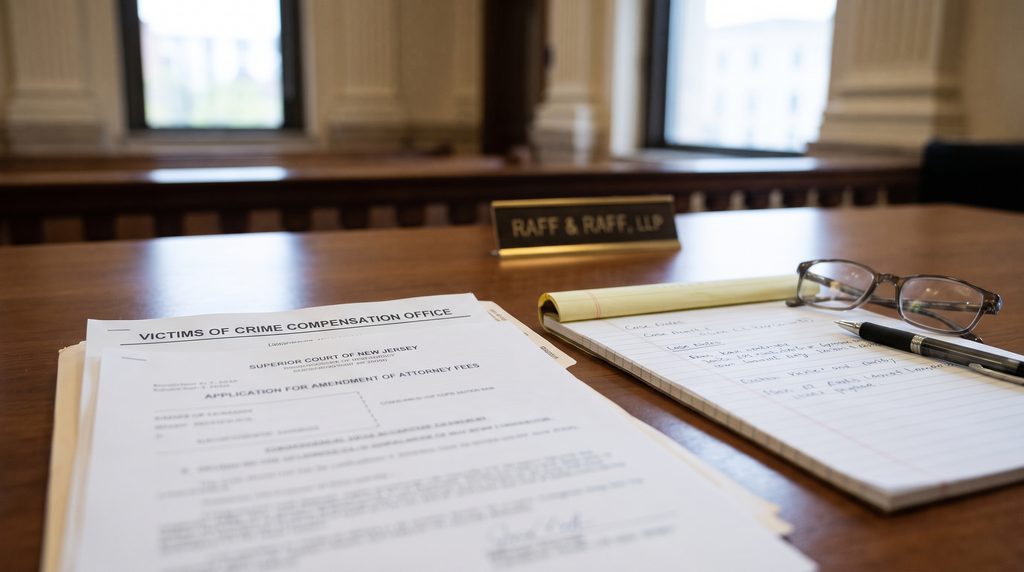 Passaic County Courthouse legal documents showing a New Jersey Victims of Crime Compensation Office application for attorney fees in Paterson NJ